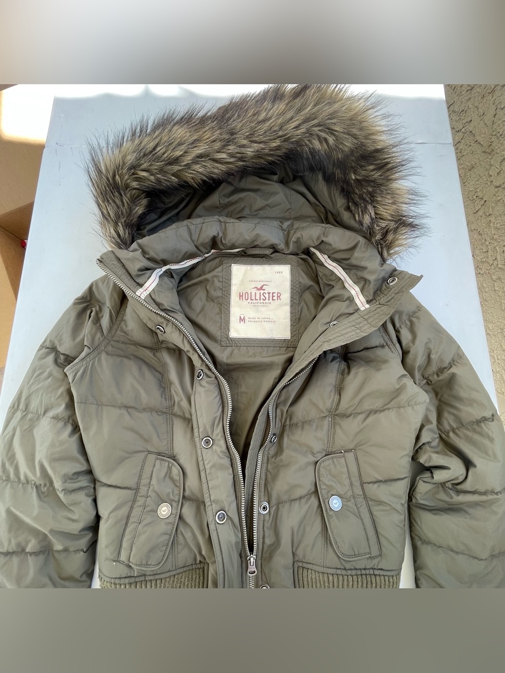 Y2K Hollister Puffer Jacket Medium Faux Fur Hoodie Down Feather Full Zip Vintage - Picture 5 of 9